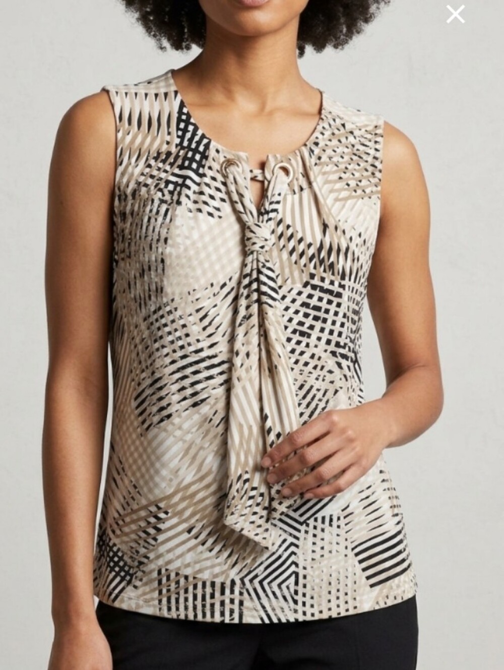 Anne Klein M Geometric Patchwork Beige & Black Patterned Tie-Neck Top